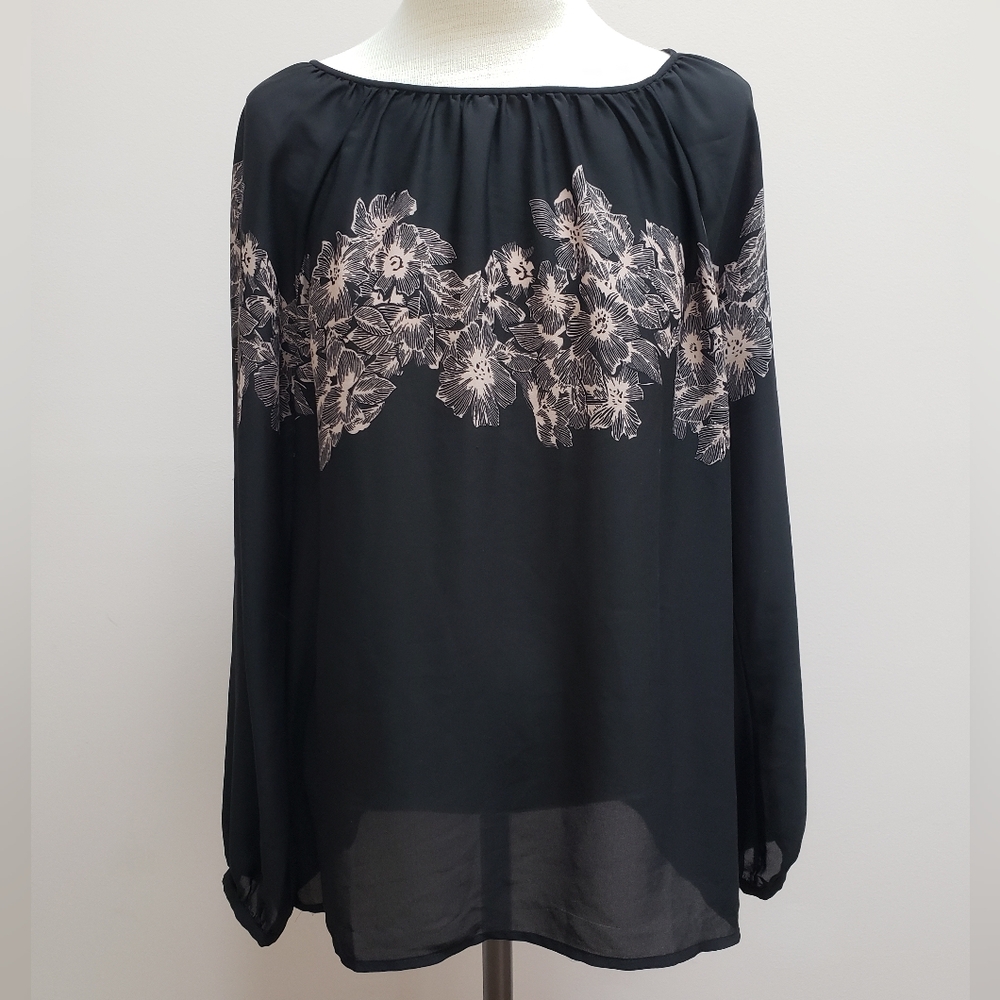 Loft Black Semi-sheer Floral Long Sleeve Blouse, Size Medium